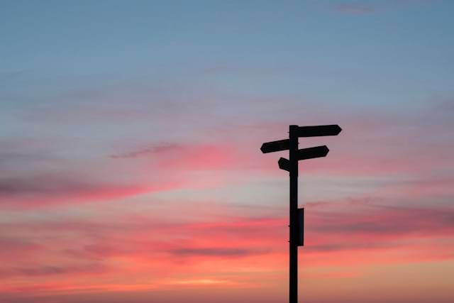 an image of signs pointing in different directions at sunset against a pink & orange sky